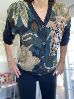 CHAUS short sleeved cardigan green Gray tiger print Cotton Blend S